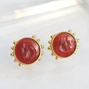 Landmark golden red intaglio Roman Revival Etruscan style round clip on earrings
